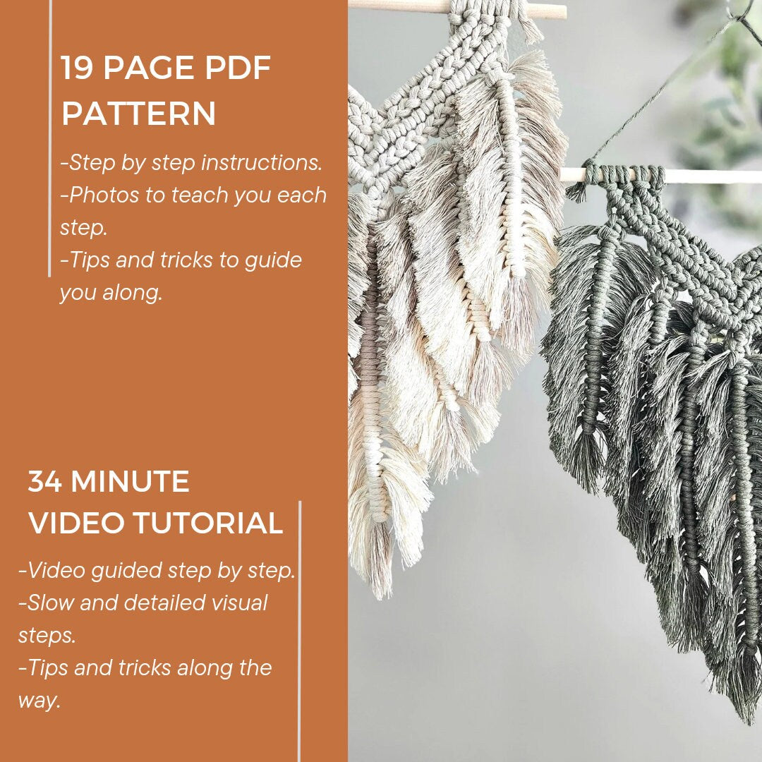 Macrame layered feather wall hanging PDF pattern + Video tutorial. Step by step macrame pattern. intermediate