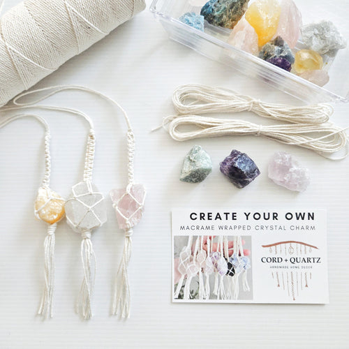 Macrame wrapped crystal rear view mirror charm DIY craft kit. Boho crystal charm making kit. Handmade car accessories.