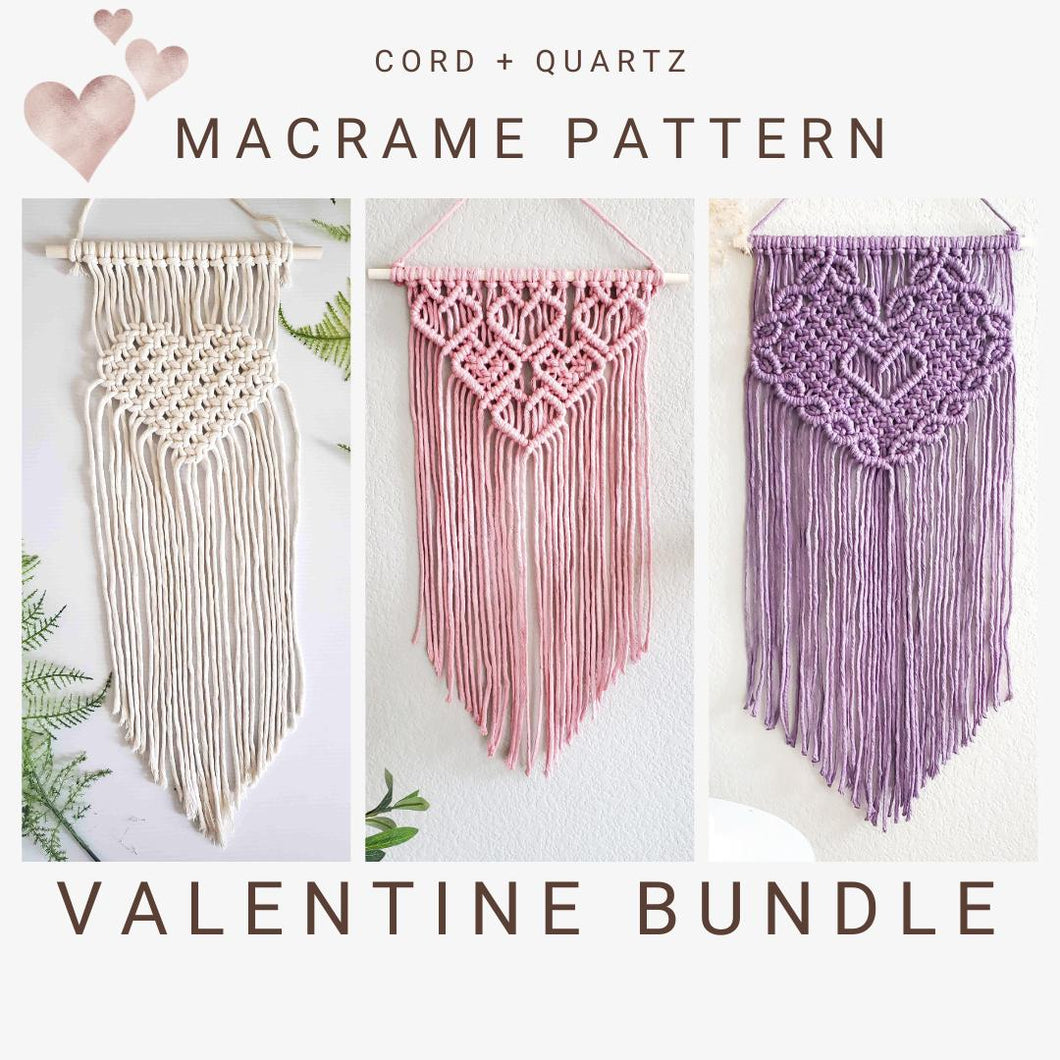 3 in 1 macrame heart valentines wall hanging BUNDLE, step by step guide, macrame tutorial, valentines day heart craft, diy macrame