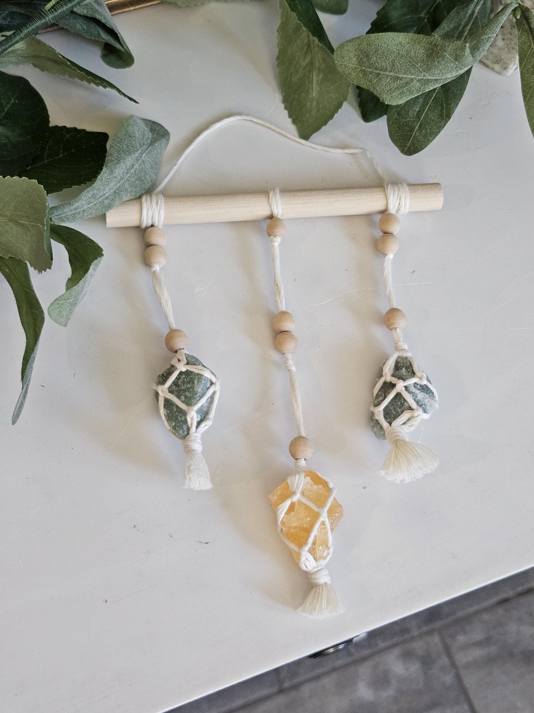 Clearance macrame wrapped crystal wall hanging. Green aventurine and orange calcite.