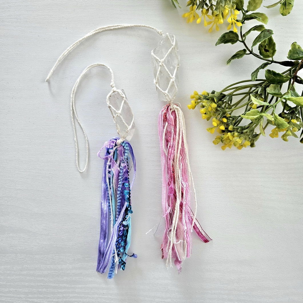 Macrame wrapped crystal charms. Noho metaphysical charms. Quartz point.