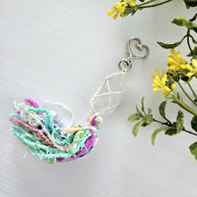 Load image into Gallery viewer, Macrame wrapped crystal keychain. Boho metaphysical keychain. Quartz point. Rainbow keychain.
