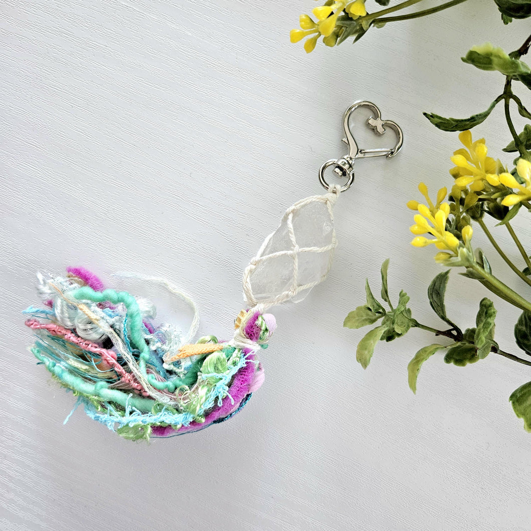 Macrame wrapped crystal keychain. Boho metaphysical keychain. Quartz point. Rainbow keychain.