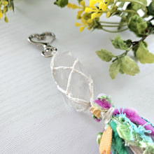 Load image into Gallery viewer, Macrame wrapped crystal keychain. Boho metaphysical keychain. Quartz point. Rainbow keychain.
