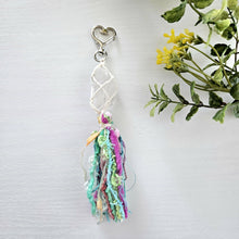 Load image into Gallery viewer, Macrame wrapped crystal keychain. Boho metaphysical keychain. Quartz point. Rainbow keychain.
