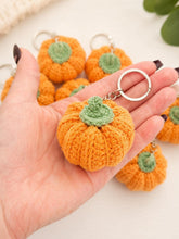 Load image into Gallery viewer, Crochet pumpkin keychains. fall and halloween keychains
