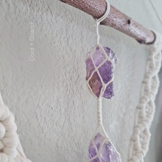 Large macrame wall hanging with amethyst crystals. Handmade boho living room and bedroom wall decor. Eco-friendly. Handmade small business