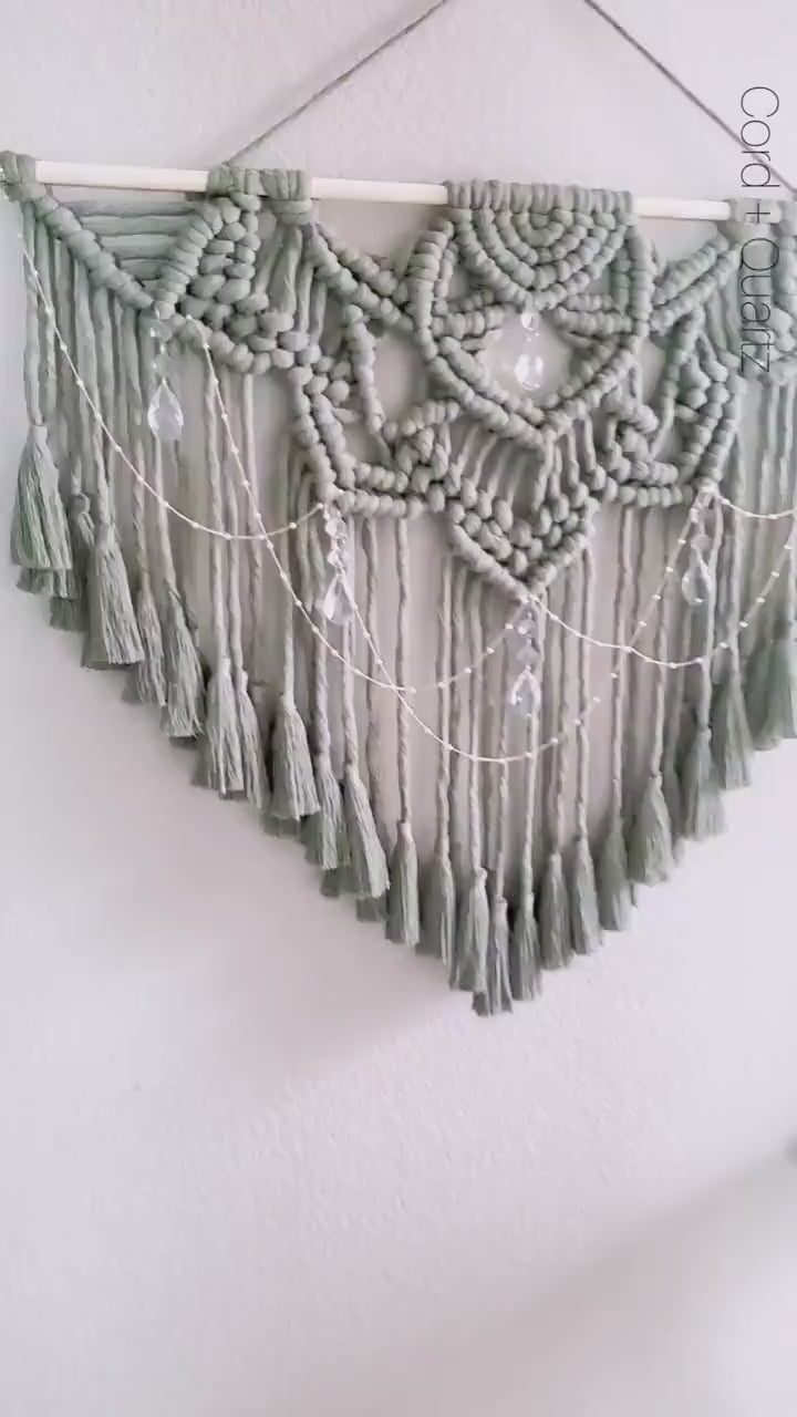 Large Macrame wall hanging. Dusty geen bohemian wall decor. Living room and bedroom wall hangings