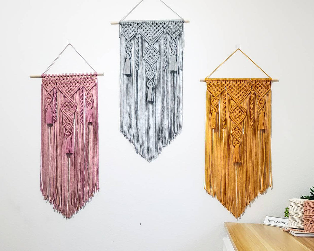 18 inch Macrame wall hangings. 18 color choices. Made to order.