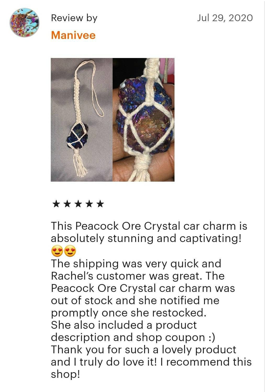 Crystal rear view mirror charm. Car accessories, macrame mirror hangers, metaphysical gifts and crystal accessories. Stocking stuffers