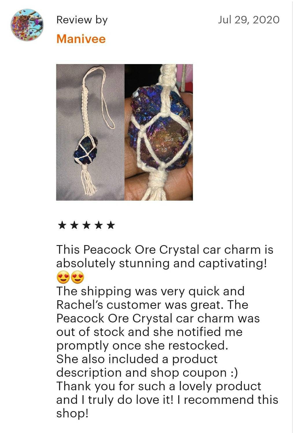 Crystal rear view mirror charm. Car accessories, macrame mirror