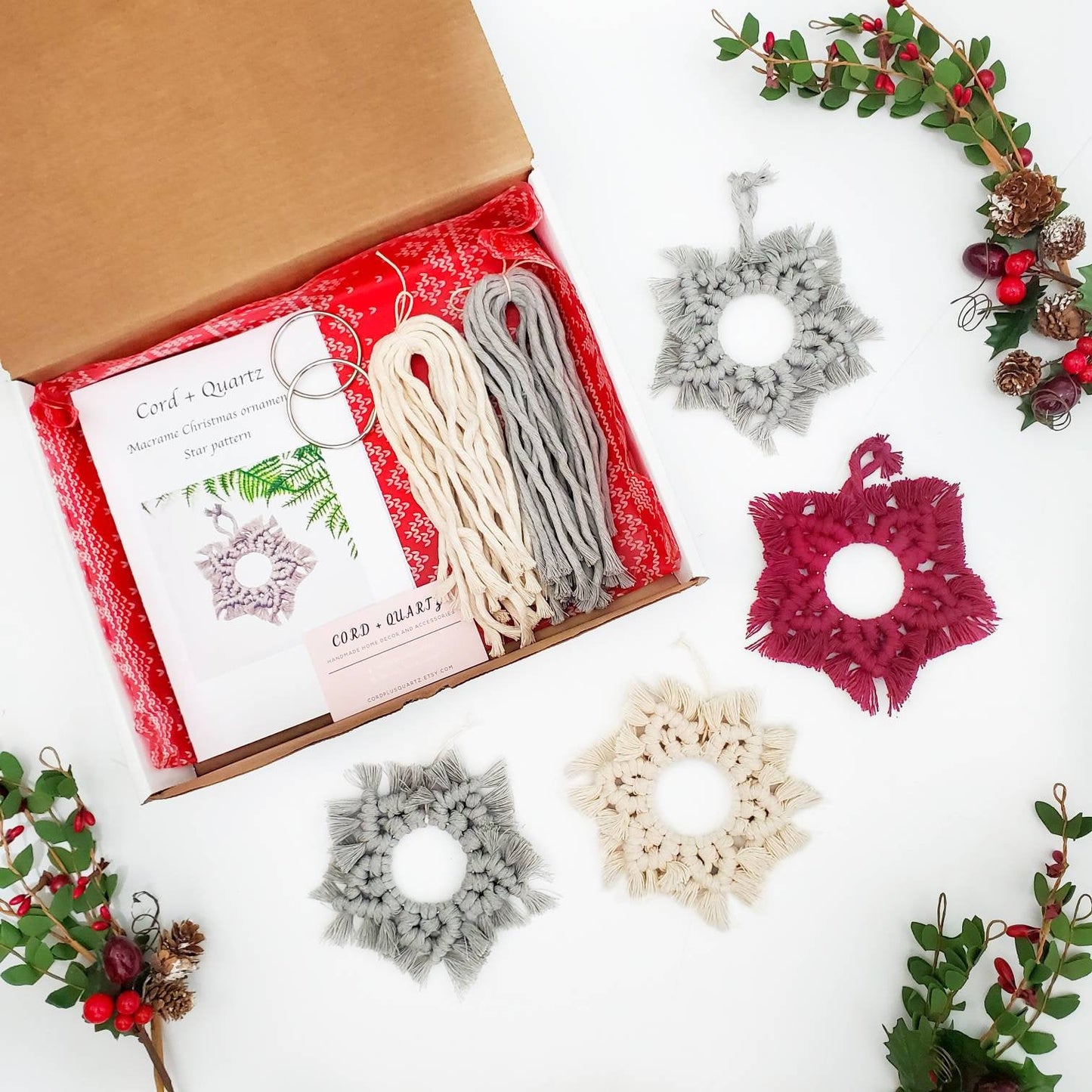 DIY Christmas ornament kit. Macrame christmas ornament set. Christmas craft kits for adults and kids. Macrame star. Christmas home decor diy