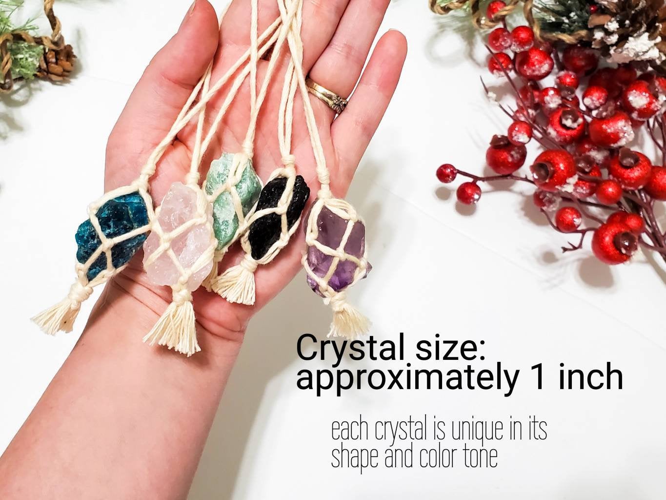 Crystal Christmas ornaments.  Metaphysical healing stones hangers. Boho Christmas ornaments. Ethically sourced crystal charms. Raw stones.