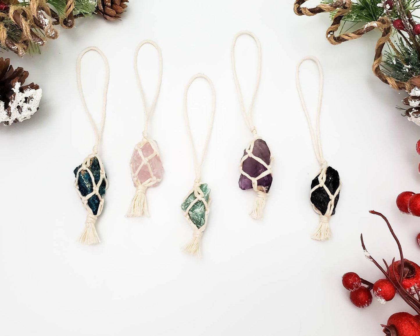 Crystal Christmas ornaments.  Metaphysical healing stones hangers. Boho Christmas ornaments. Ethically sourced crystal charms. Raw stones.