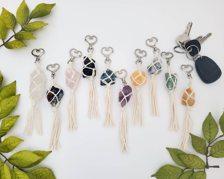 Raw crystal macrame wrapped keychains