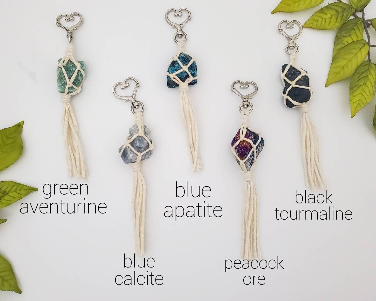 Raw crystal macrame wrapped keychains