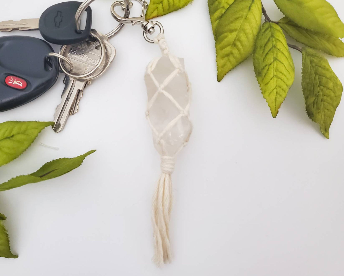 Raw crystal macrame wrapped keychains