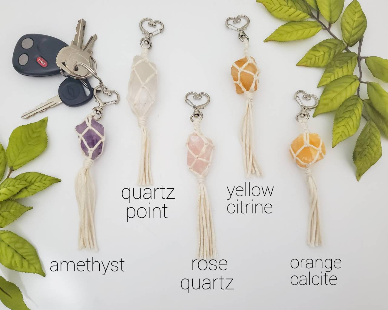 Raw crystal macrame wrapped keychains