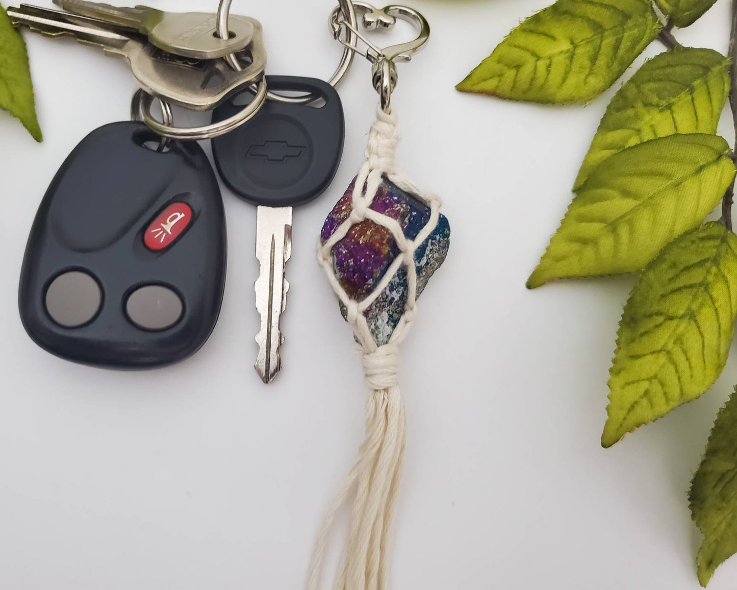 Raw crystal macrame wrapped keychains