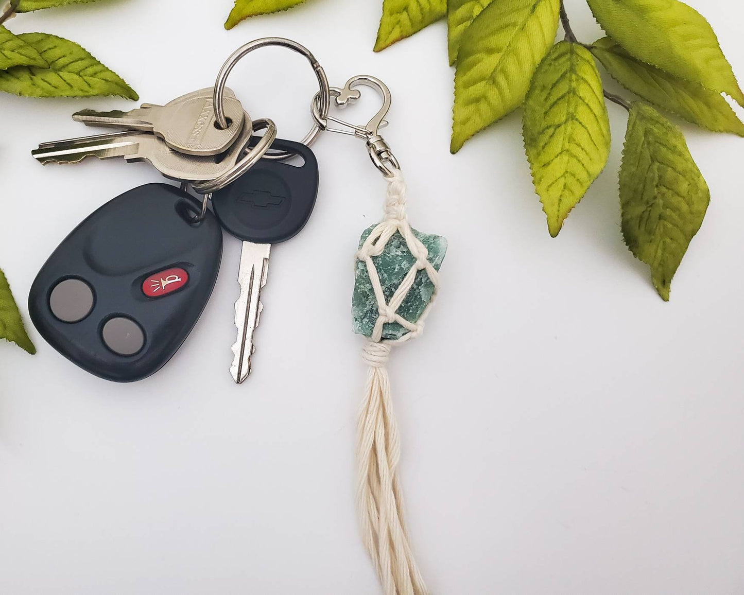 Raw crystal macrame wrapped keychains