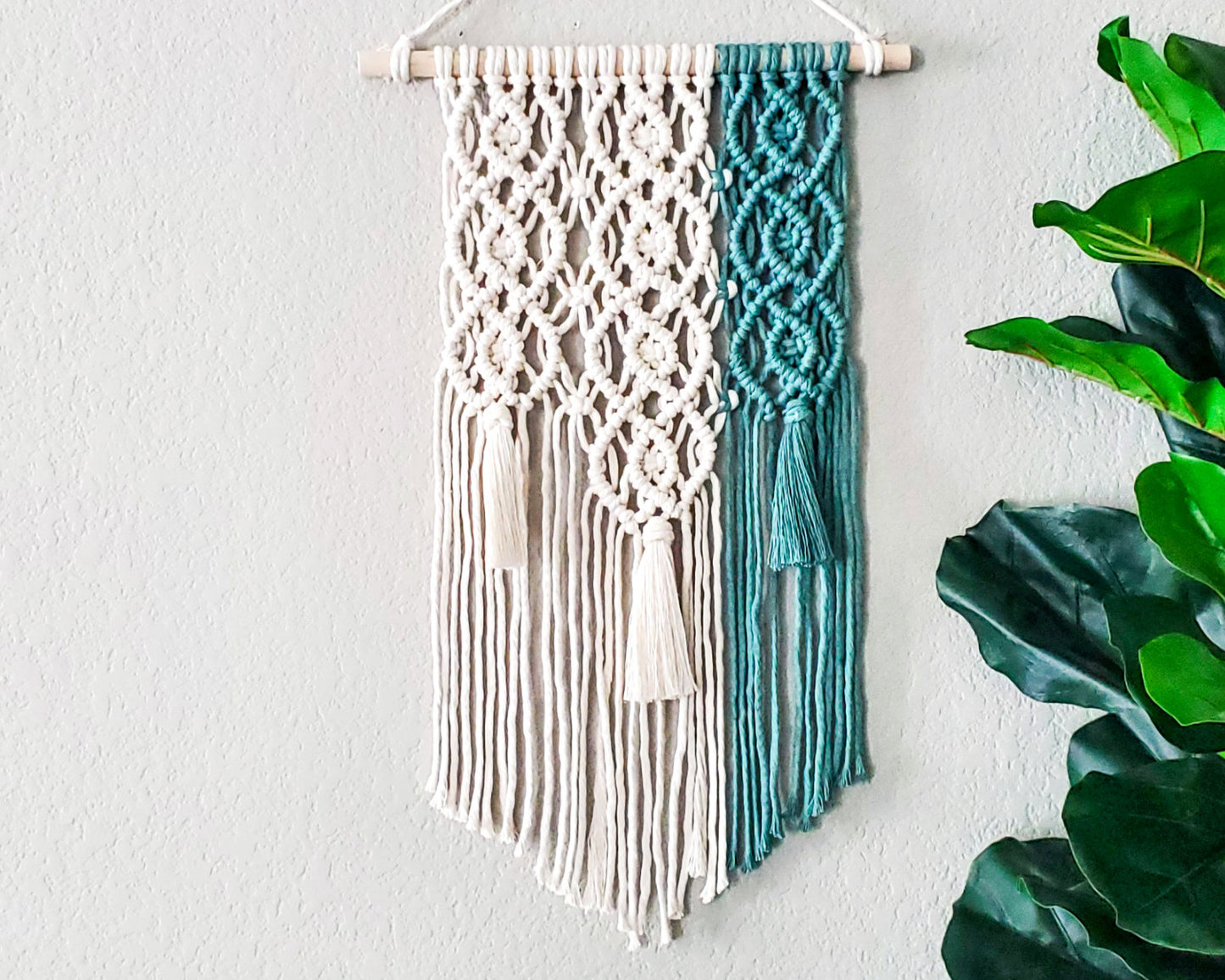 Green and natural geometric macrame wall hanging