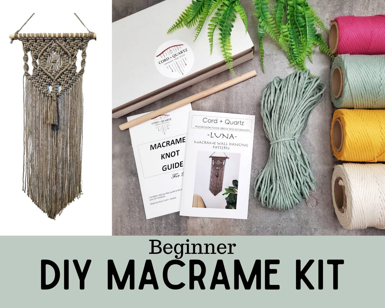 Beginner macrame wall hanging kit. Macrame diy pattern for beginners. Craft kits for adults and kids. Bohemian home decor diy kit