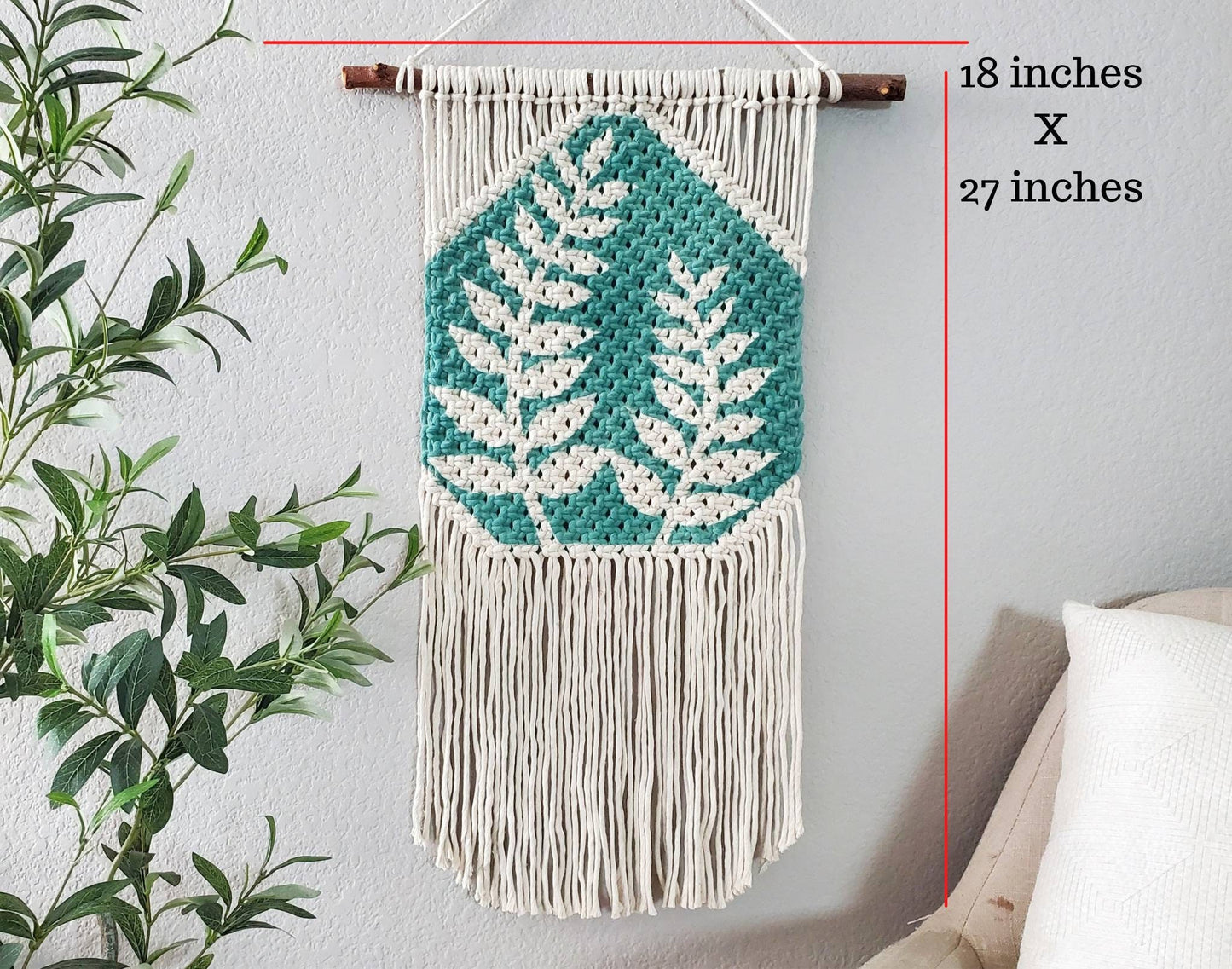 Hand painted macrame botanical wall hanging. Boho inspired home decor. Modern wall art for bedroom and living room.