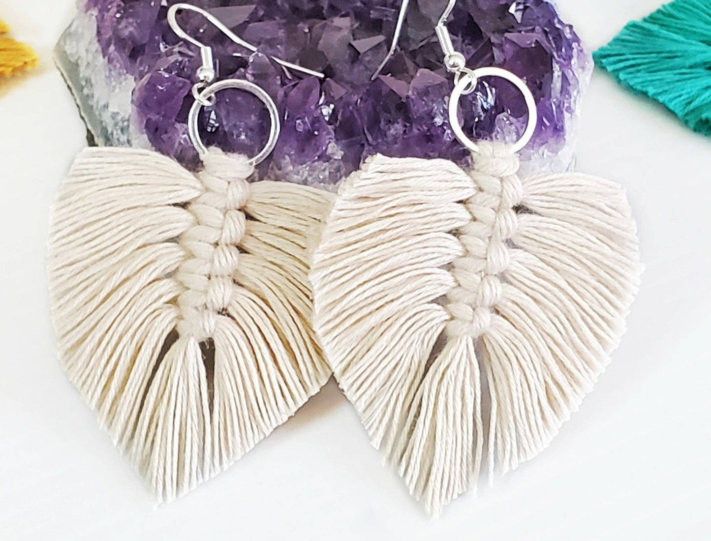 Sterling silver macrame earrings. Macrame dangle and drop earrings. Boho earrings. Leaf earrings. Feather earrings.