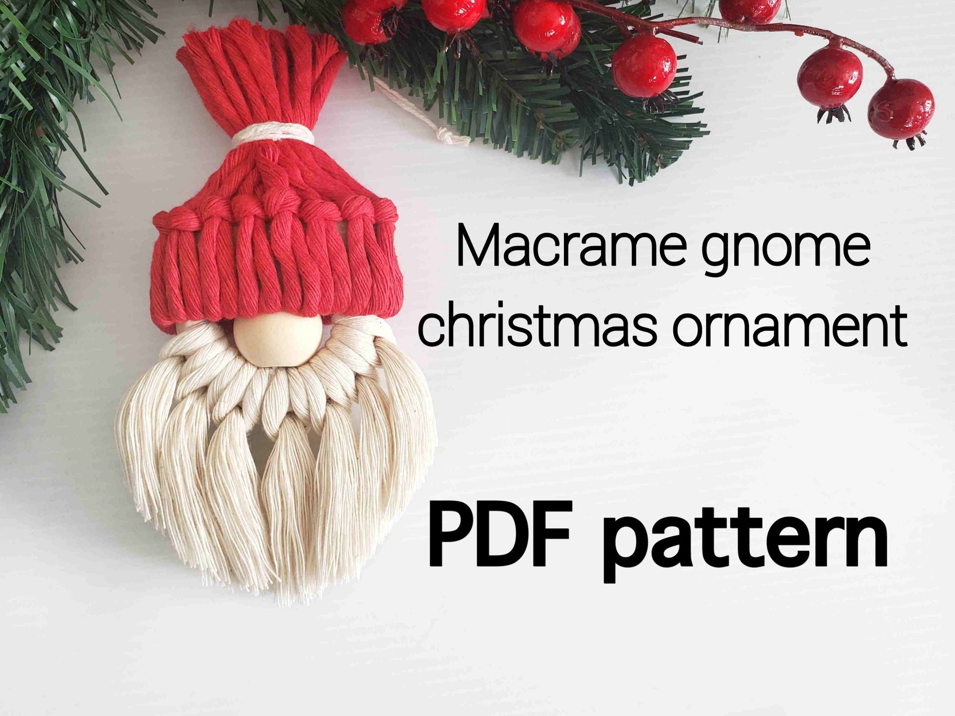 Macrame gnome christmas ornament PDF pattern. English. How to macrame benginner pattern