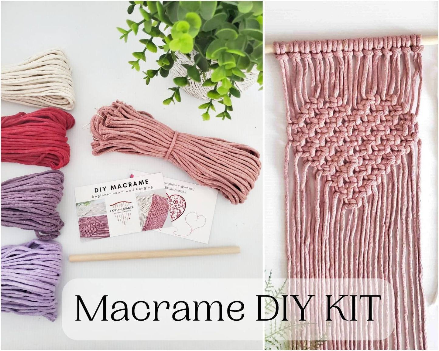 Beginner macrame heart wall hanging kit. Craft kits for adults and kids. Valentines day craft kit. Bohemian home and wall decor diy kit