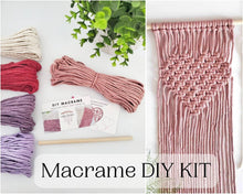 Load image into Gallery viewer, Beginner macrame heart wall hanging kit. Craft kits for adults and kids. Valentines day craft kit. Bohemian home and wall decor diy kit
