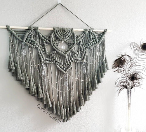 Large Macrame wall hanging. Dusty geen bohemian wall decor. Living room and bedroom wall hangings