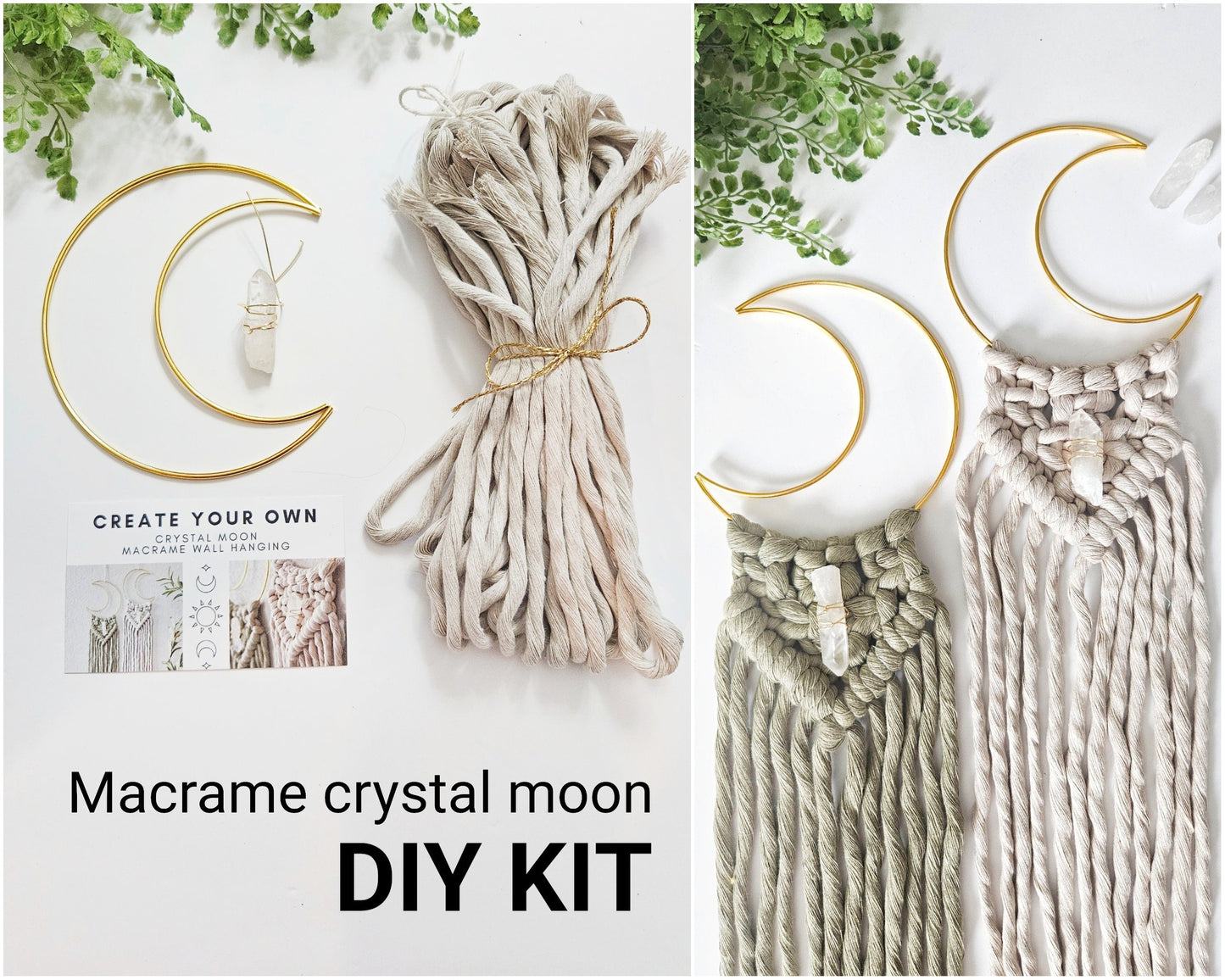 Macrame moon and crystal DIY KIT. Beginner tutorial and materials.