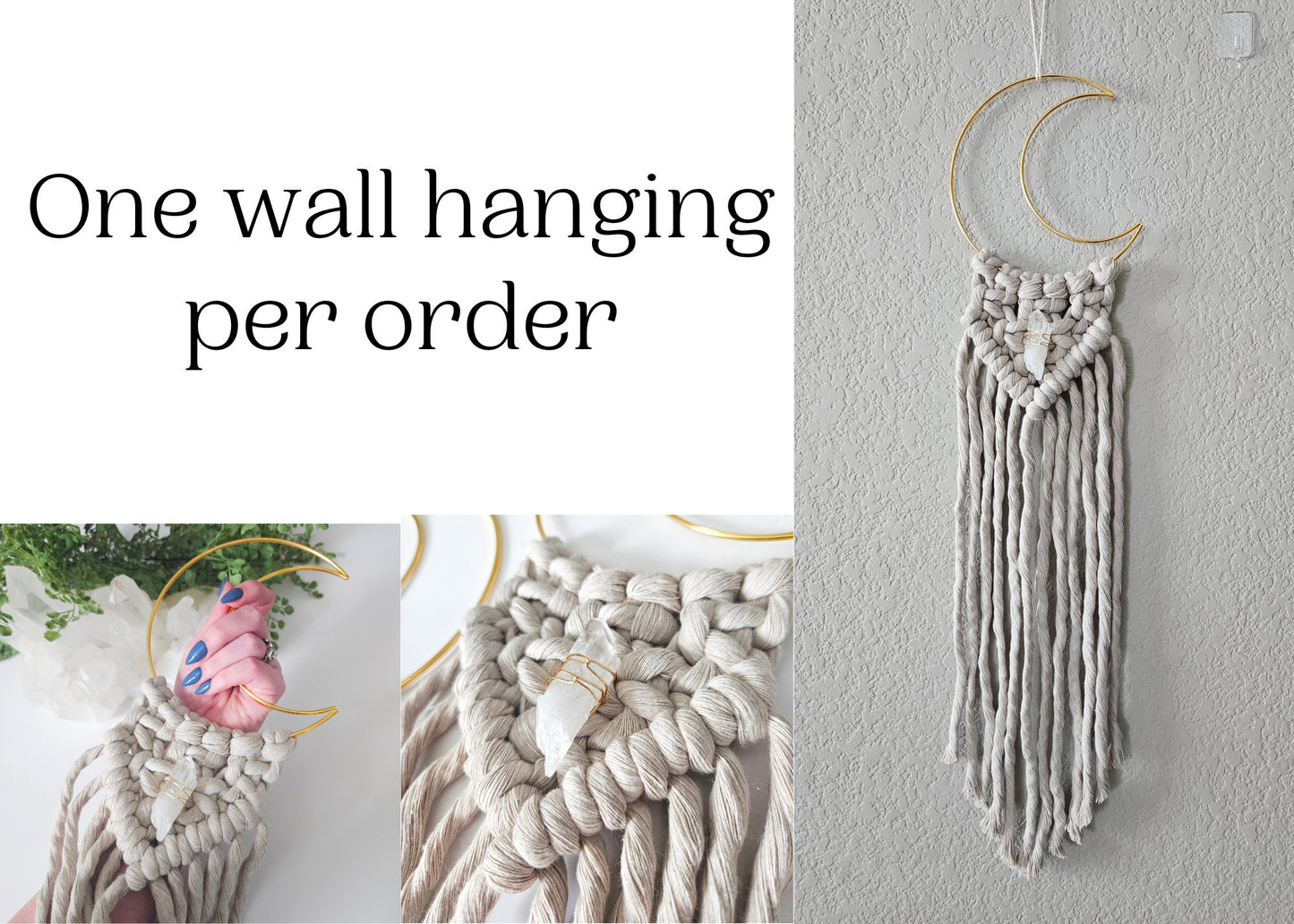 Macrame moon and crystal wall hanging. Celestial wall home decor for her.