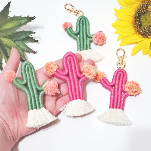 Handmade cactus keychains. boho desert style macrame keychain gift for her.