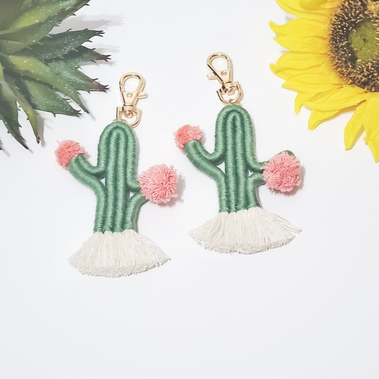 Handmade cactus keychains. boho desert style macrame keychain gift for her.